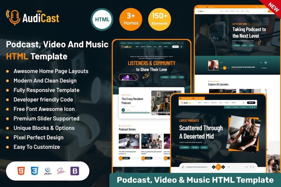 Audicast - HTML-шаблон для подкастов, видео и музыки