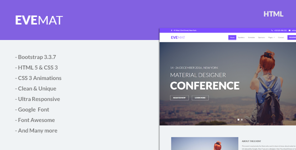 EveMat — HTML-шаблон для мероприятий и конференций