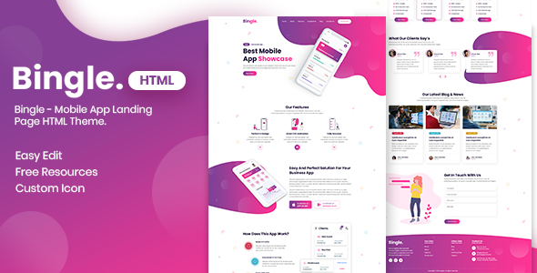 Bingle — HTML шаблон для Landing Page мобильных приложений и стартапов