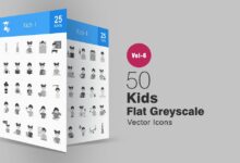 50 detskih ploskih svg ikonok v ottenkah serogo