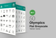 50 olimpijskih svg ploskih ikonok serogo cveta