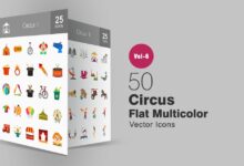 50 cirkovyh ploskih mnogocvetnyh svg ikonok